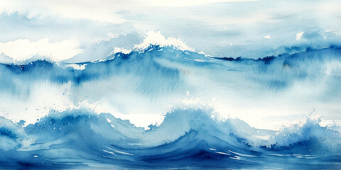 Horizontal ocean sea wave rendered in fluid blue watercolor and alcohol ink style, abstract paint grunge texture background isolated on clean white wallpaper © Vactor Viky