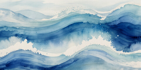 Abstract blue paint background created with liquid fluid watercolor and alcohol ink grunge texture, featuring a horizontal ocean sea wave crossing a clean white background © Vactor Viky
