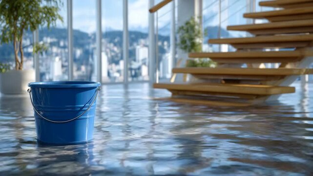 Contemporary basement interior, wooden stairs rising above a flooded floor, bright blue bucket floating, natural daylight from expansive windows filling the space with airy brightn