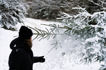 Person reacting as freshly fallen tree releases snow in winter forest
