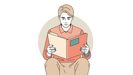 Young man reading a book, illustration, simple style, focused expression