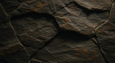 Close-up view of dark, textured rock formations.  Cracks and crevices are prominent