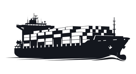 A striking black silhouette of a large cargo ship moving through the water design element © Kuntol02