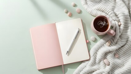 Cozy morning flat lay featuring an open journal with a pen and a hot coffee mug on a soft blanket