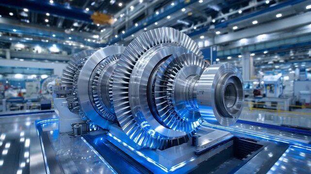 Detailed view of rotating blades and turbines within a large gas engine, blue accent lighting reflecting off polished metal, highlighting precision engineering and ship power plant