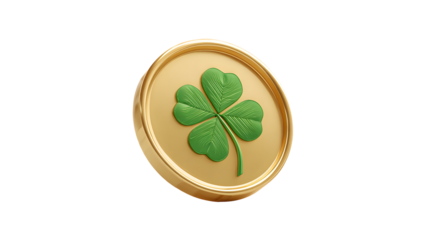 A golden coin featuring a vibrant green four leaf clover design