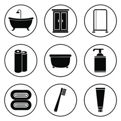 Black silhouette icons of bathroom items and toiletries
