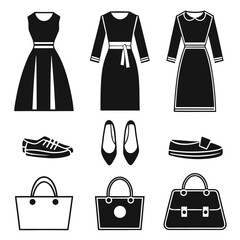 Black silhouette icons of women's clothing and accessories
