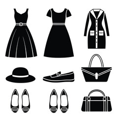 Black silhouette icons of women's fashion items and accessories