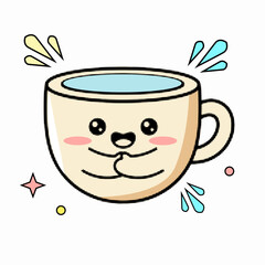 Halftone pop art dot style of a cute smiling tea cup character with liquid splashes and stars vector illustration