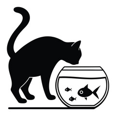 Black silhouette of a cat with multiple fish in a bowl