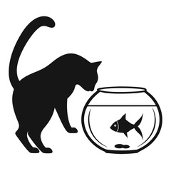 Black silhouette of a cat with multiple fish in a bowl