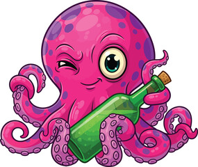 Obraz premium Playful cartoon octopus winking mischievously, clutching a corked green bottle, a vibrant and fun marine creature illustration.