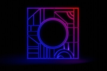 Glowing iridescent square framework on black background. Art deco, geometric style with neon lines. 3D render.