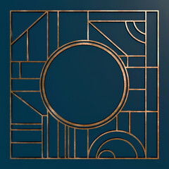 Metallic square framework on navy blue background. Art deco, geometric style. 3D render.