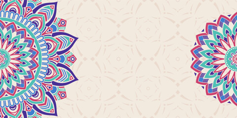 Horizontal mandalas banner. Decorative flower mandala background with place for text. Colorful abstract mandala background. Arabic, islamic east style. Vector color illustration.