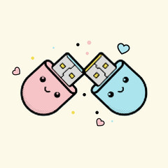 Halftone pop art dot usb flash drive characters in pink and blue colors with floating heart shapes vector illustration