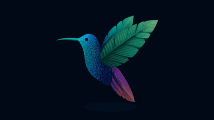 Obraz premium Stylized vibrant hummingbird digital art with textured leaf-like wings and glowing outline on a dark background, nature illustration.
