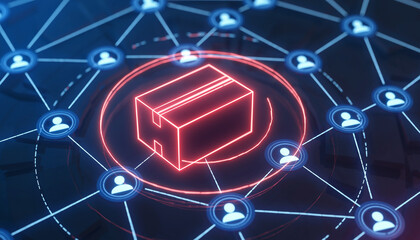 Digital networking of a package, representing distribution and connection. The design is filled with nodes connected in a complex web