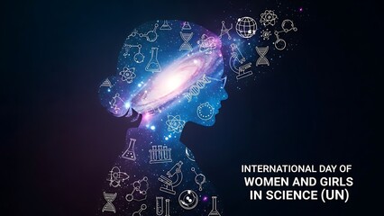 International day of women and girls in science un celebration poster with a womans head made of glowing neural network connections