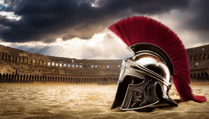 an ancient gladiator helmet resting on the sand of a grand ancient arena under a brooding stormy sky