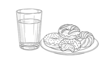 Glass of water and plate of donuts