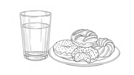 Glass of water and plate of donuts