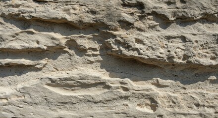 Close-up view of layered, light beige rock face.  Textured surface