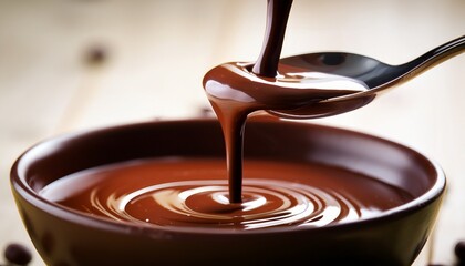 close up shot of rich flowing chocolate pouring from a spoon into a bowl