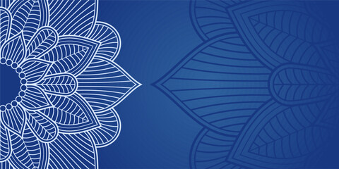 Horizontal color vector mandala banner. Decorative flower mandala on blue background. Luxury mandala color vector background. Arabic, islamic east style. Vector color illustration. © Andrey