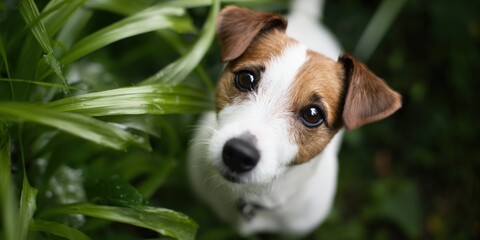 Curious jack russell terrier dog amidst lush greenery