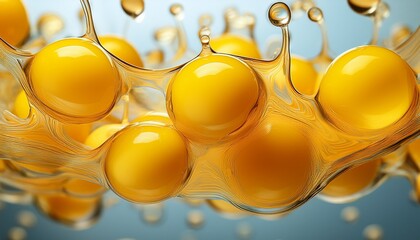 close up view of multiple bright yellow egg yolks floating in a liquid