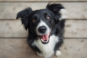 Fototapeta premium Happy black and white border collie on wooden floor looking upward
