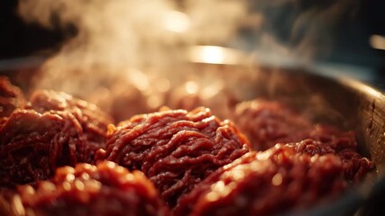 Freshly ground meat photographed moments after processing, steam wafting softly while the texture appears rich, moist, and full of depth