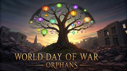 World Day Of War Orphans, Vivid 8K Poster With Tree Of Life And Spiritual Growth.