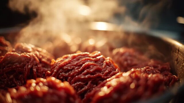 Freshly ground meat photographed moments after processing, steam wafting softly while the texture appears rich, moist, and full of depth