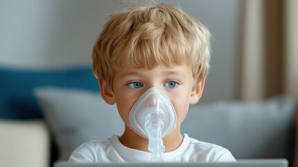Young boy using a nebulizer mask at home for inhalation therapy, pediatric respiratory treatment concept, healthcare, asthma care, medical equipment, home treatment and child wellness