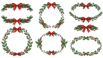 Festive collection of various Christmas wreaths and elegant borders, intricately crafted with holly, vibrant red berries, and classic red bows.