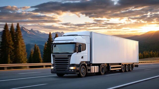 Front perspective of a white transport truck on a long highway, golden sunset casting reflections on the trailer, distant rolling hills under a glowing sky