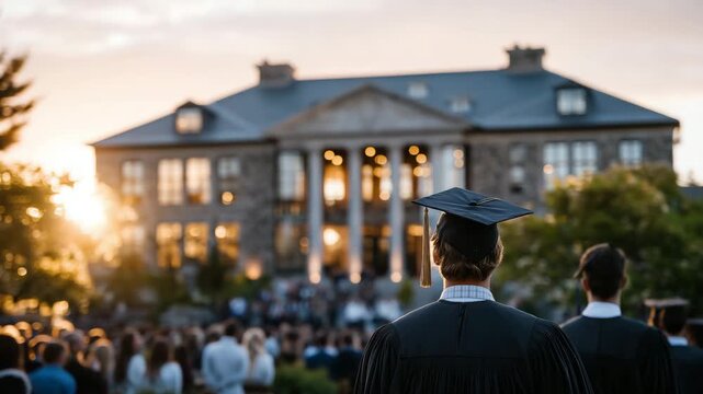 Graduates walking in line towards a large university hall, sunlight streaming through trees, caps and gowns illuminated by the warm golden hour, a sense of accomplishment and antic