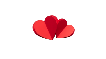 Two vibrant red paper hearts intertwined against a stark black background