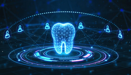 Digital representation of a healthy tooth and connected icons symbolizing patients and dentistry network