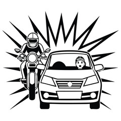 Motorcycle and car with shocked driver in a near collision