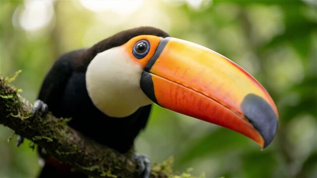 Close-up portrait of a majestic Toco Toucan perched on a mossy branch in the lush tropical rainforest, showcasing its vibrant orange beak and striking eye.