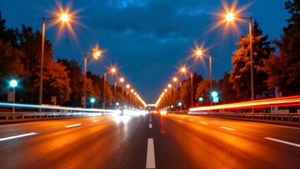 Night road lighting trajectory, traffic flow, distant view