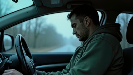 Night train male driver exhausted driving close-up