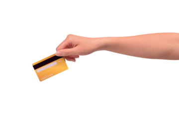 Hand holding a credit card isolated on transparent PNG. High resolution, high quality studio shot. Concept for technology, business, finance, advertising, E-commerce, Shopping and lifestyle themes.