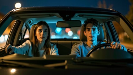 Young people in the car interact with each other while riding together