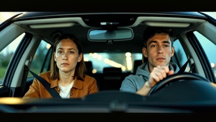 Male and female passengers in the car communicate and interact while riding