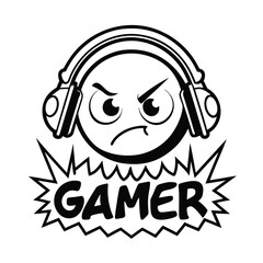Aggressive Gamer Character with Headphones and Text